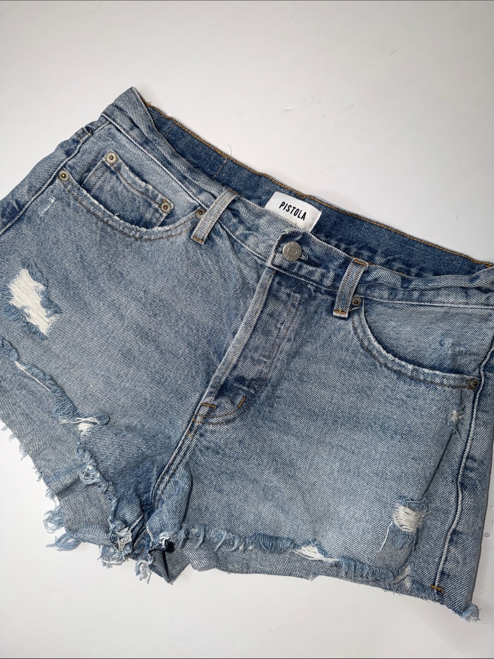 pistola Light Blue Distressed Frayed Hem Denim Shorts Women’s size 29